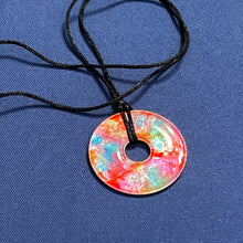 Load image into Gallery viewer, Adjustable Alcohol Ink Pendant Necklace in red, orange, yellow, teal &amp; light blue. Other side purple &amp; blue
