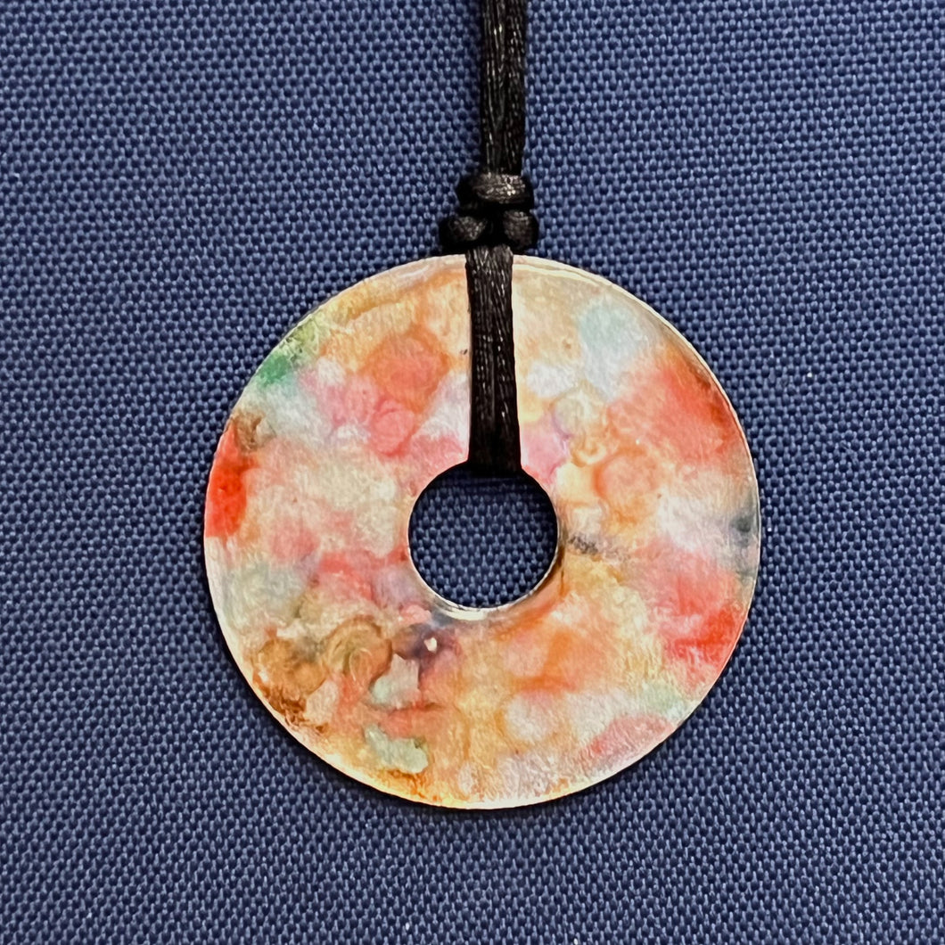 Adjustable Alcohol Ink Pendant Necklace in orange, brown, green, purple & white