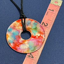 Load image into Gallery viewer, Adjustable Alcohol Ink Pendant Necklace in red, orange, yellow, teal &amp; light blue. Other side purple &amp; blue
