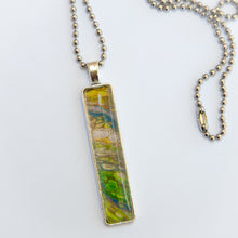 Load image into Gallery viewer, Pendant Necklace in Teal, Brown, Green, Yellow &amp; Lime Green, Fluid Art Necklace, Ball Chain Necklace, Jewelry
