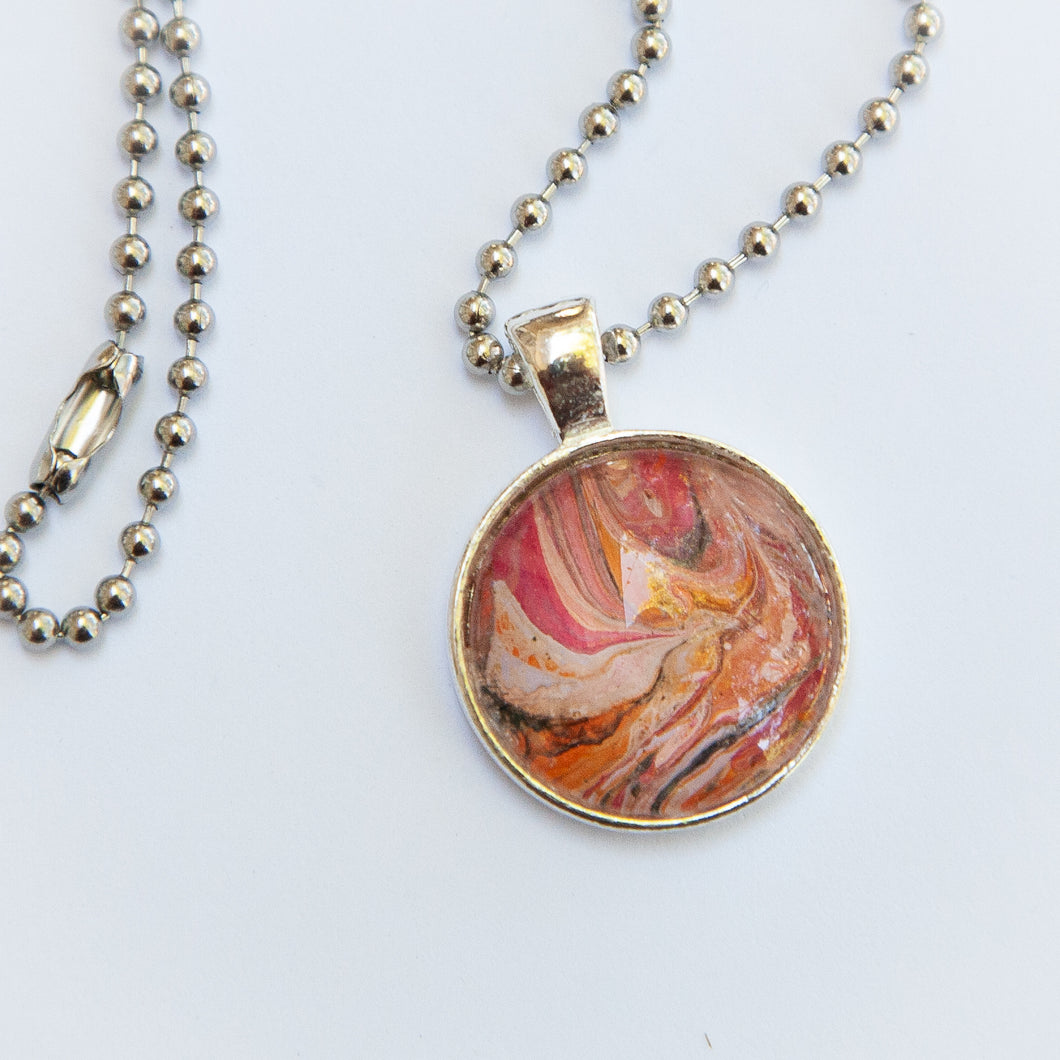 Pendant Necklace in Orange, Red & Rose Fluid Art Necklace, Ball Chain Necklace, Jewelry
