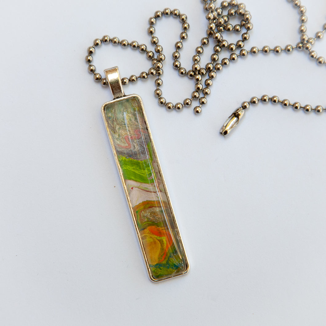 Pendant Necklace in Green, Lime Green & Orange, Fluid Art Necklace, Ball Chain Necklace, Jewelry