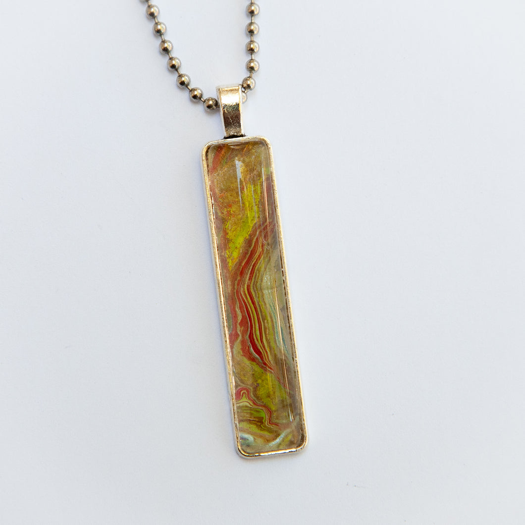 Pendant Necklace in Red, Yellow & Green, Fluid Art Necklace, Ball Chain Necklace, Jewelry