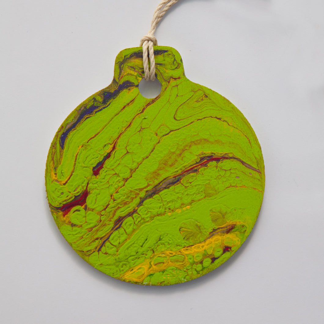 Christmas Ornaments in Lime Green with Red & Yellow / Laser Cut Wood / Pour Paint