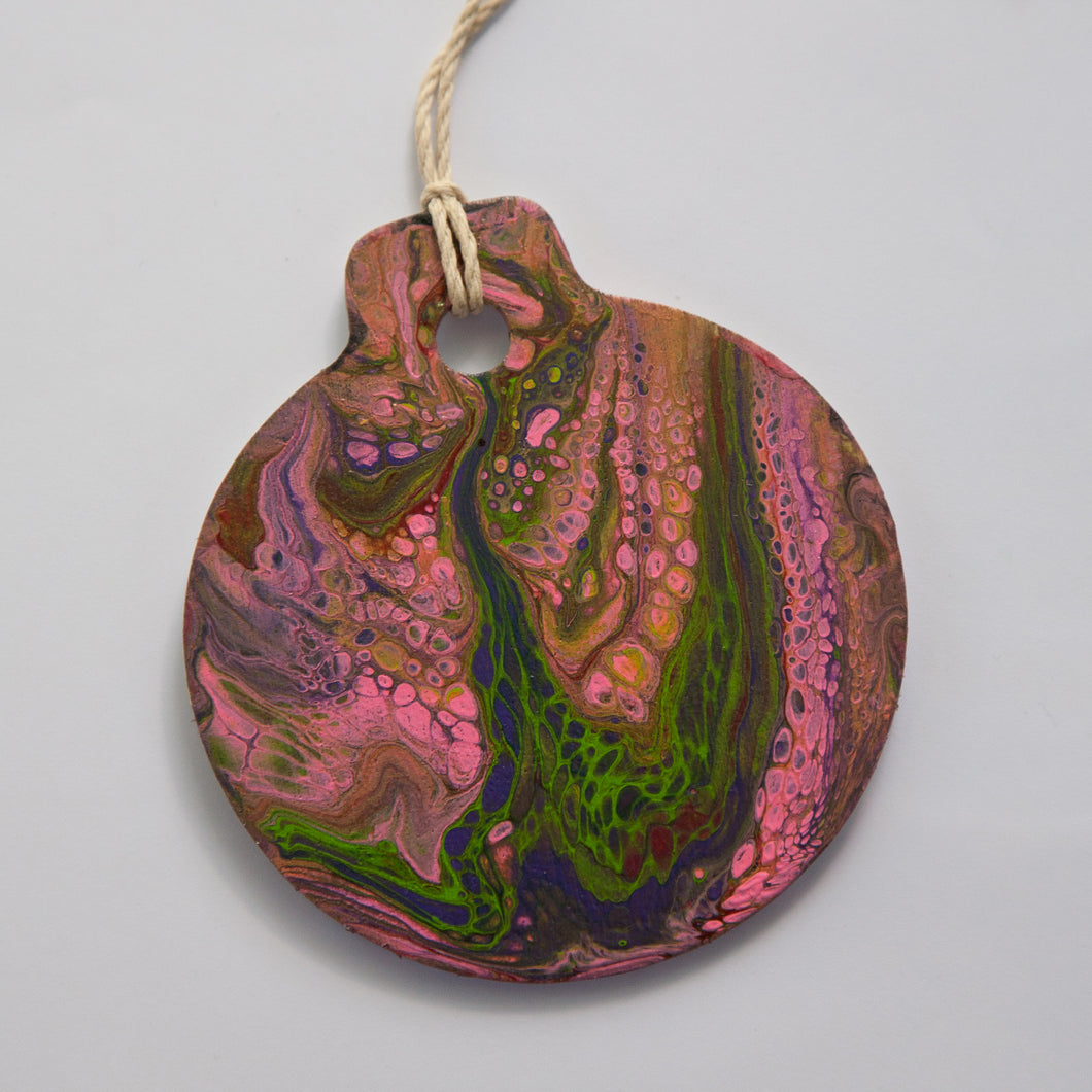 Christmas Ornaments in Green, Purple & Pink / Laser Cut Wood / Pour Paint