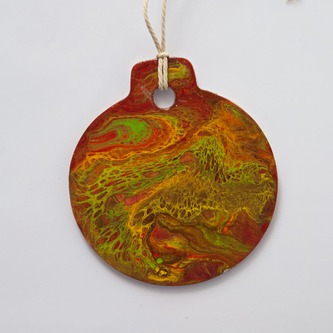 Christmas Ornaments in Green, Red & Yellow / Laser Cut Wood / Pour Paint