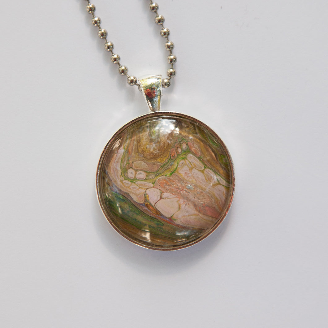 Pendant Necklace in Green, Peach & Brown Pour Paint Necklace, Ball Chain Necklace, Jewelry