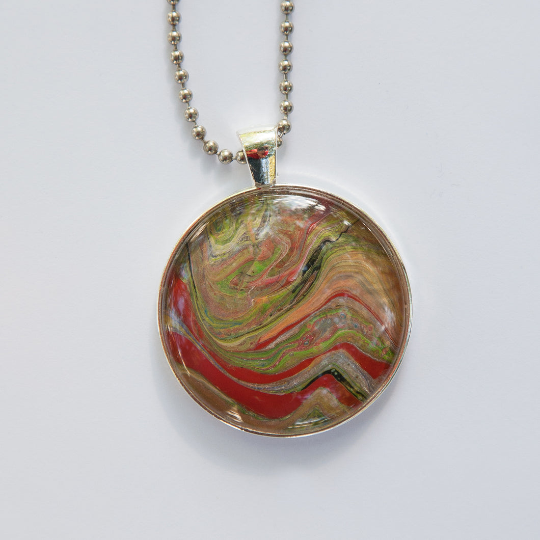 Pendant Necklace in Red, Black, Greens & Orange Pour Paint Necklace, Ball Chain Necklace, Jewelry