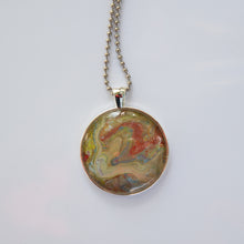 Load image into Gallery viewer, Pendant Necklace in Red, Blues &amp; Tans Pour Paint Necklace, Ball Chain Necklace, Jewelry

