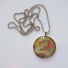 Load image into Gallery viewer, Pendant Necklace in Red, Blues &amp; Tans Pour Paint Necklace, Ball Chain Necklace, Jewelry
