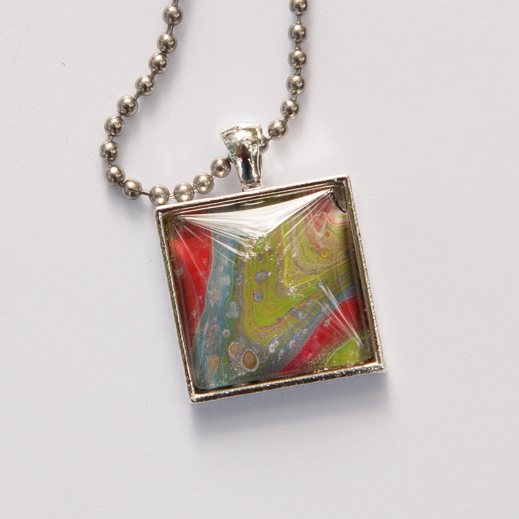 Square Pendant Necklace in Red, Blue & Green Fluid Art Necklace, Ball Chain Necklace, Jewelry
