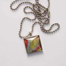 Load image into Gallery viewer, Square Pendant Necklace in Red, Blue &amp; Green Fluid Art Necklace, Ball Chain Necklace, Jewelry
