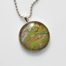 Load image into Gallery viewer, Pendant Necklace in Red, Greens &amp; Brown Pour Paint Necklace, Ball Chain Necklace, Jewelry
