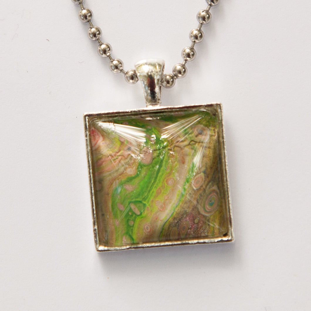 Square Pendant Necklace in Brown & Green Fluid Art Necklace, Ball Chain Necklace, Jewelry