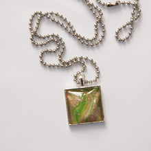 Load image into Gallery viewer, Square Pendant Necklace in Brown &amp; Green Fluid Art Necklace, Ball Chain Necklace, Jewelry
