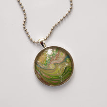 Load image into Gallery viewer, Pendant Necklace in Greens, Blues &amp; Tans Pour Paint Necklace, Ball Chain Necklace, Jewelry
