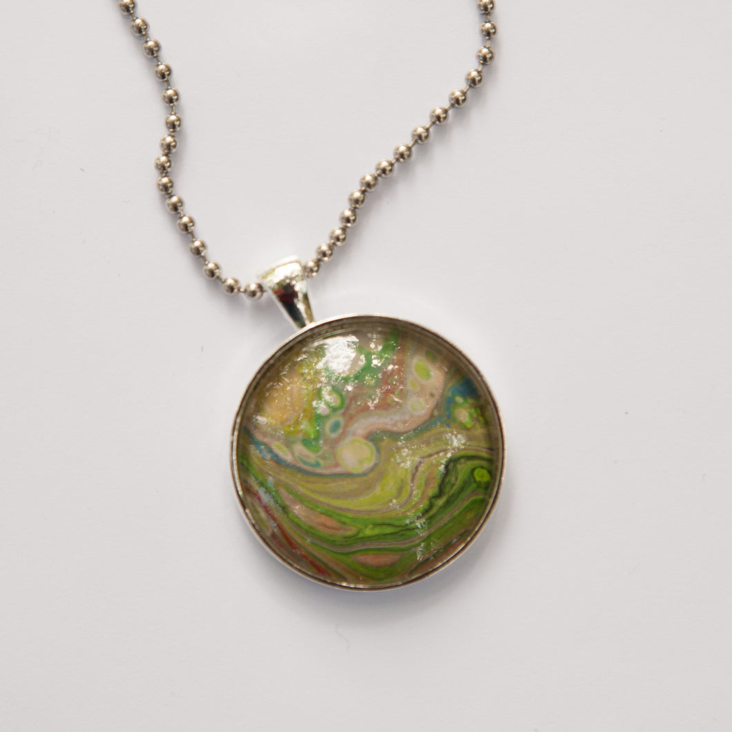 Pendant Necklace in Greens & Brown Pour Paint Necklace, Ball Chain Necklace, Jewelry