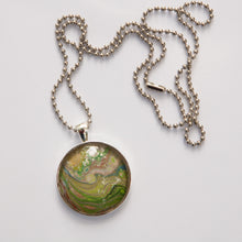 Load image into Gallery viewer, Pendant Necklace in Greens, Blues &amp; Tans Pour Paint Necklace, Ball Chain Necklace, Jewelry
