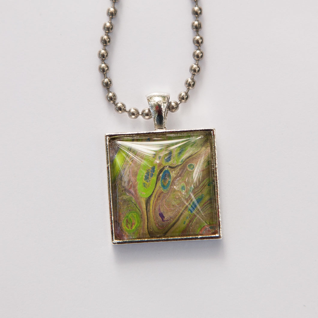 Square Pendant Necklace in Blue, Brown & Green Fluid Art Necklace, Ball Chain Necklace, Jewelry