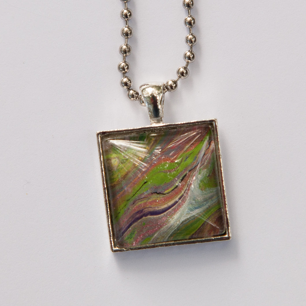 Square Pendant Necklace in Purple, Green, Pink & White Fluid Art Necklace, Ball Chain Necklace, Jewelry