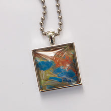 Load image into Gallery viewer, Square Pendant Necklace in Turquoise &amp; Red Fluid Art Necklace, Ball Chain Necklace, Jewelry
