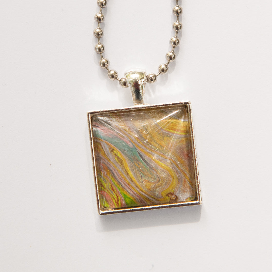 Square Pendant Necklace in Yellow, Pink, Green & Brown Fluid Art Necklace, Ball Chain Necklace, Jewelry
